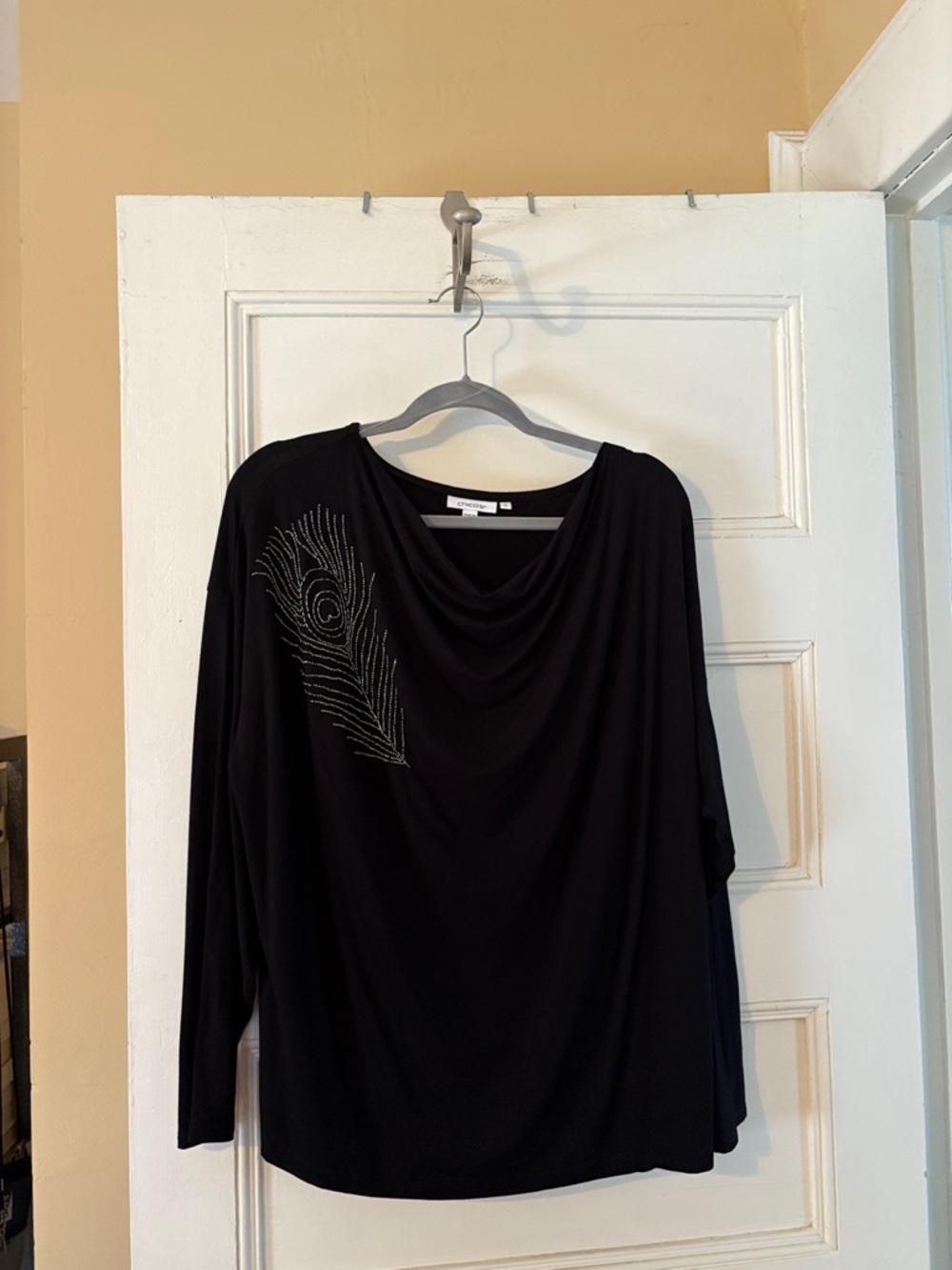 Chico's Black Cowl Neck Dolman Top with Beaded Peacock Feather Embellishment - Picture 1 of 7